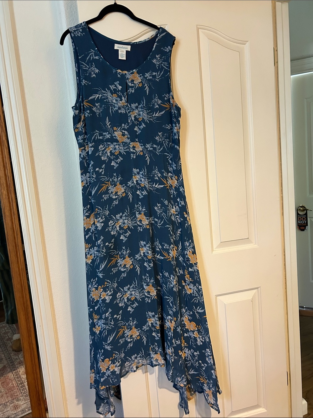 Sundance Teal-Blue Floral Handkerchief-Hem Dress